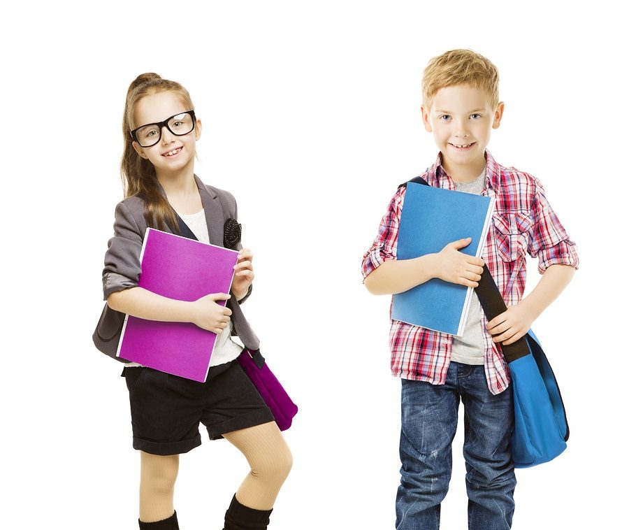 School Kids Group Children in Uniform, Little Girl Boy with Student Folder seven years old, isolated on White background