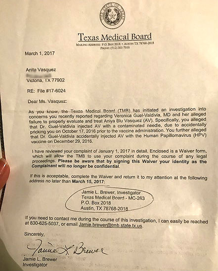 Vasquez Medical Board Letter address blurred