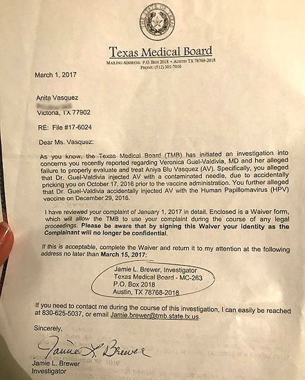 letter medical boarding Infant Gardasil accidentally â€“ Mother vaccinated with