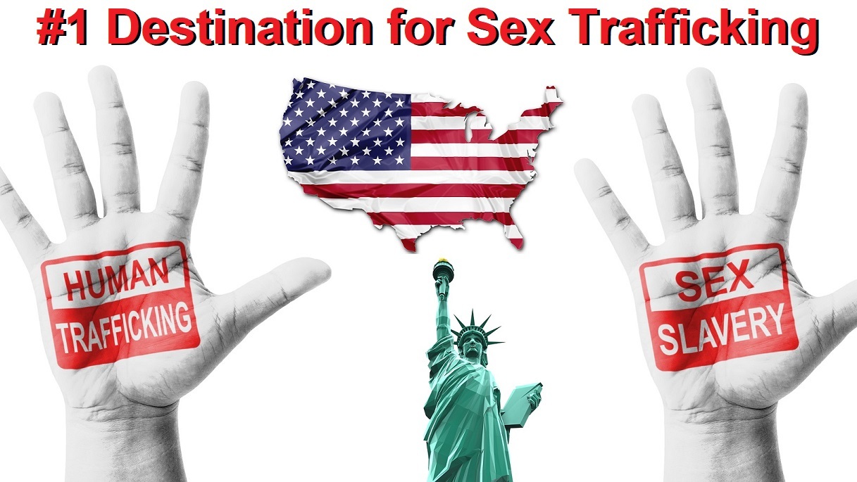 US map, statute of liberty, open hands stating Human Trafficking and Sex Slavery image