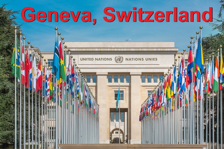 Switzerland; Geneva; March 23, 2017; The rows of the United Nations member states flags in front of the United Nations Office in Geneva.