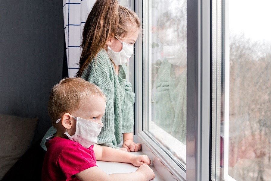 Cute Children Boy And Girl In Medical Mask Stay Home On Quaranti